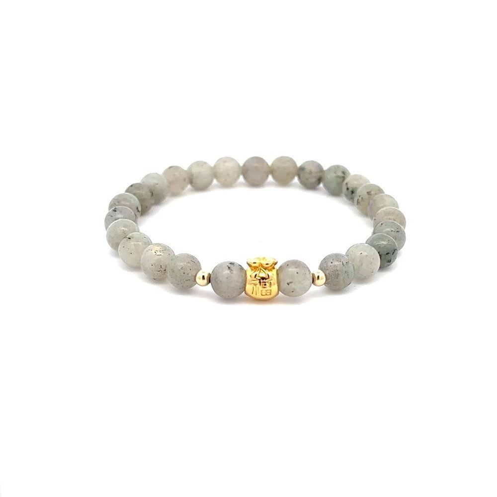 18K Gold Money Bag Lucky Charm Beads Bracelet Gemstones Labradorite 6mm